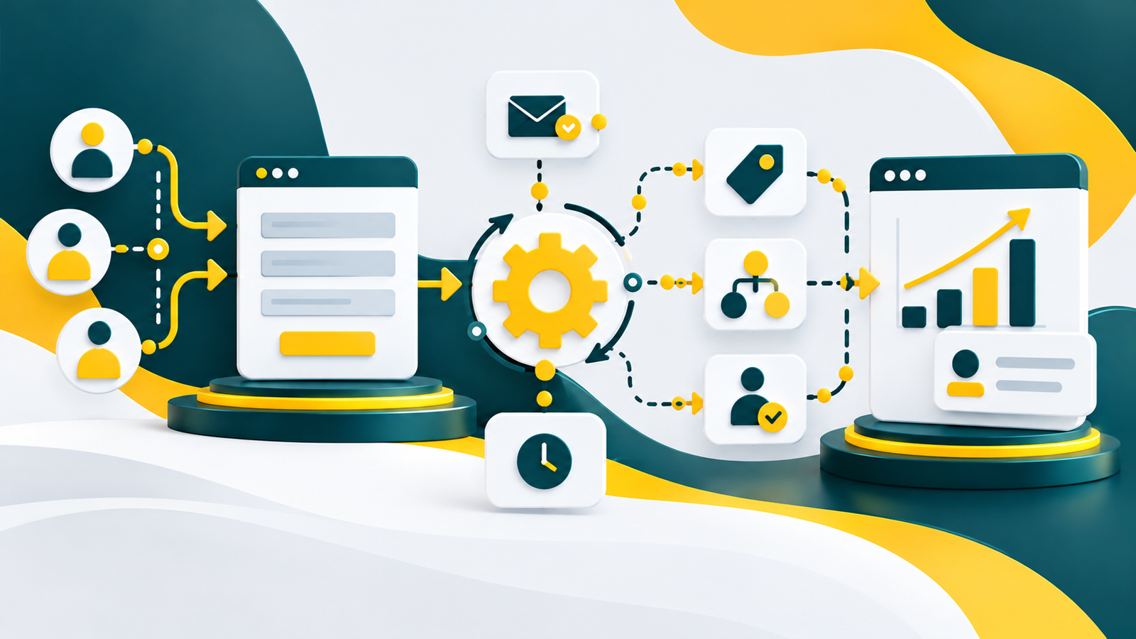 CRM workflow automation illustration with connected processes and analytics