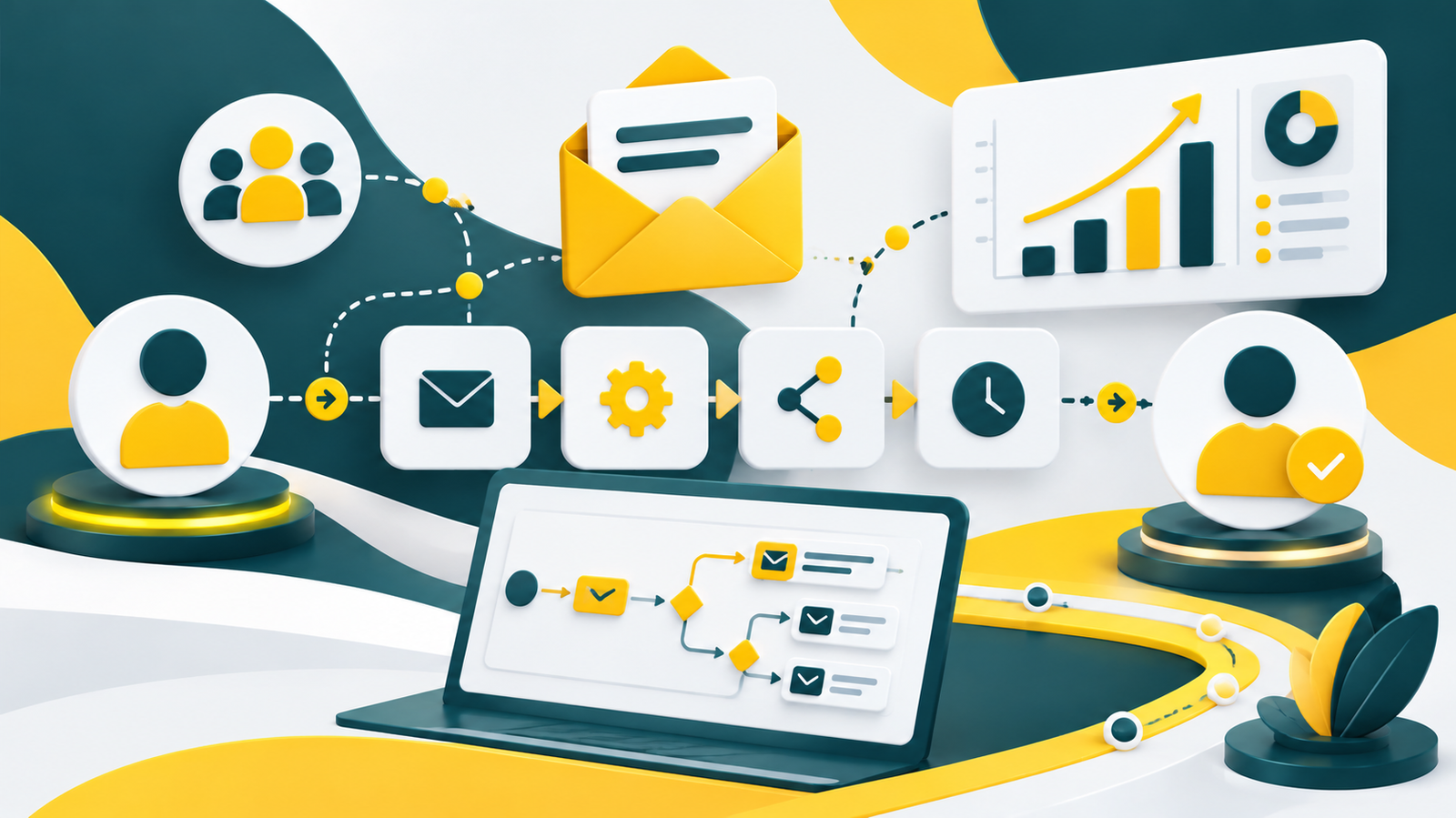 Marketing automation workflow dashboard showing email processes and campaign analytics