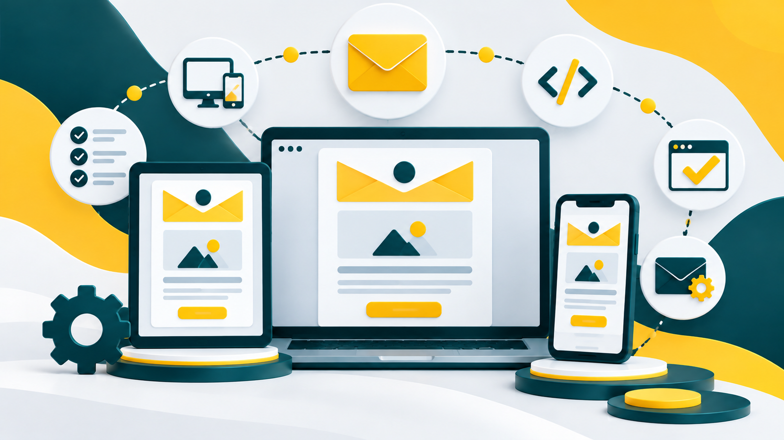 Responsive email development illustration across desktop, tablet, and mobile devices